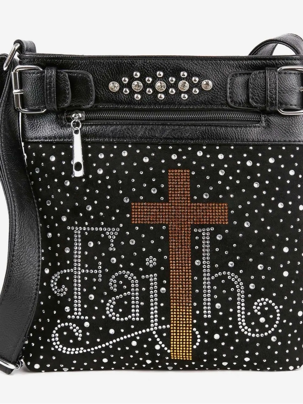 Black Rhinestone Cross Accent Women's Crossbody Bag